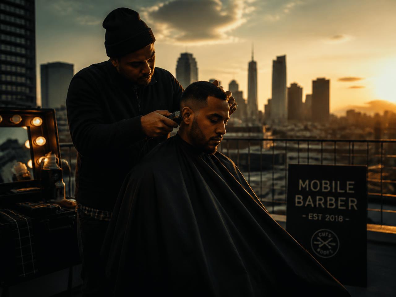 Mobile barber cutting a client's hair on a city rooftop at sunset